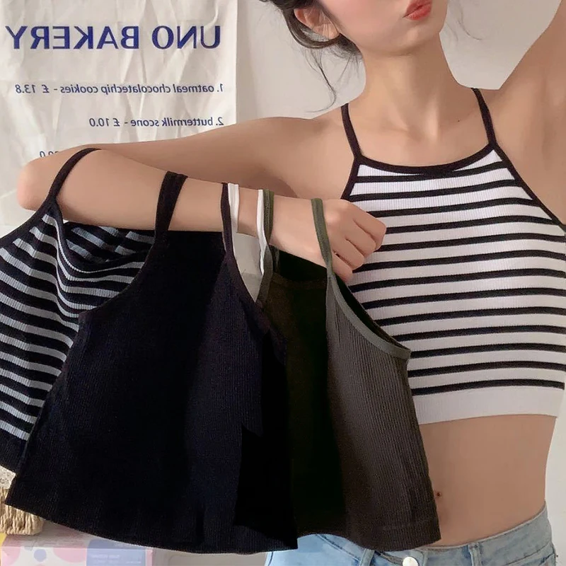 2023 Blusa Mujer Moda Crop Top Y2k Style Goth Integrated Padded Short Vest Women\'s Sports Camisole Striped T-shirt Inner Outfit