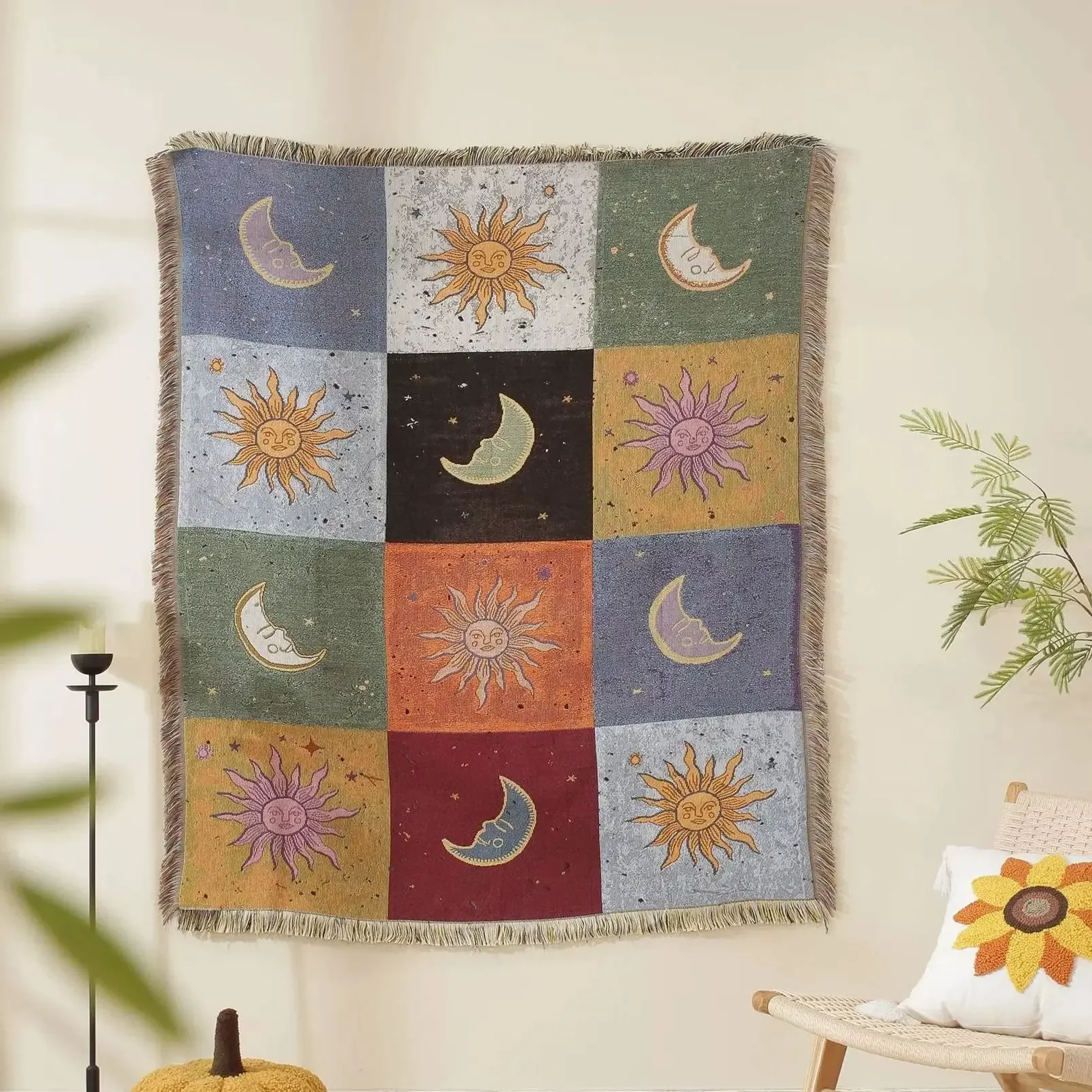 Bohemian Themed Multi-Purpose Throw Blanket Grid Design for Home Decoration Outdoor Activities Sofa Bed Sheets
