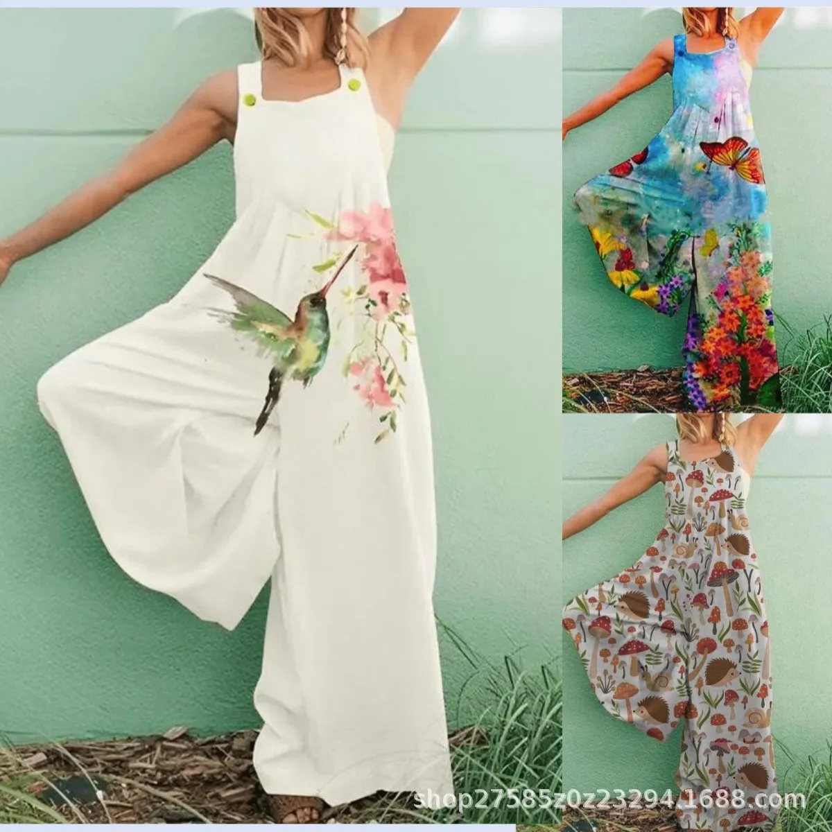 

2023 Summer High Waist Women Jumpsuits Vintage Floral Print Pockets Lady Female Casual Loose Wide Leg Overalls Jumpsuit