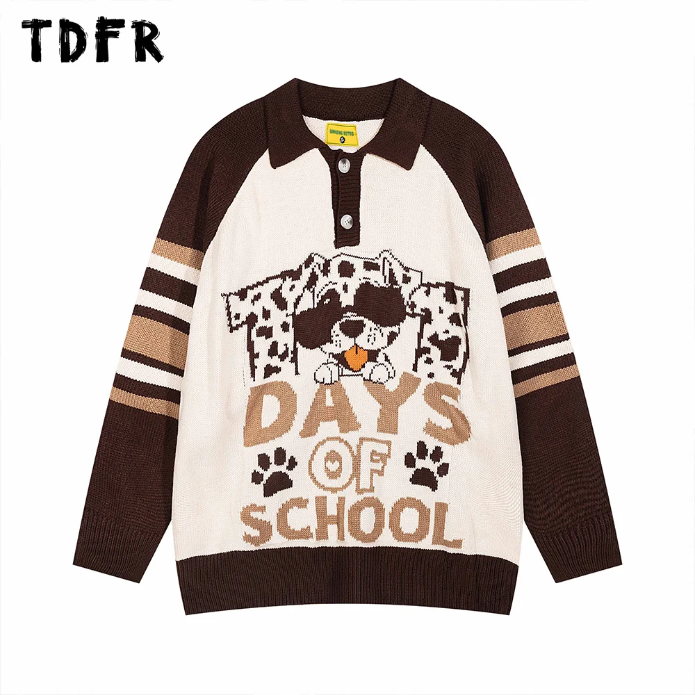 Puppy Jacquard Sweater Mens Spliced Retro Casual Loose Long Sleeve Lapel Knitted Pullover Men