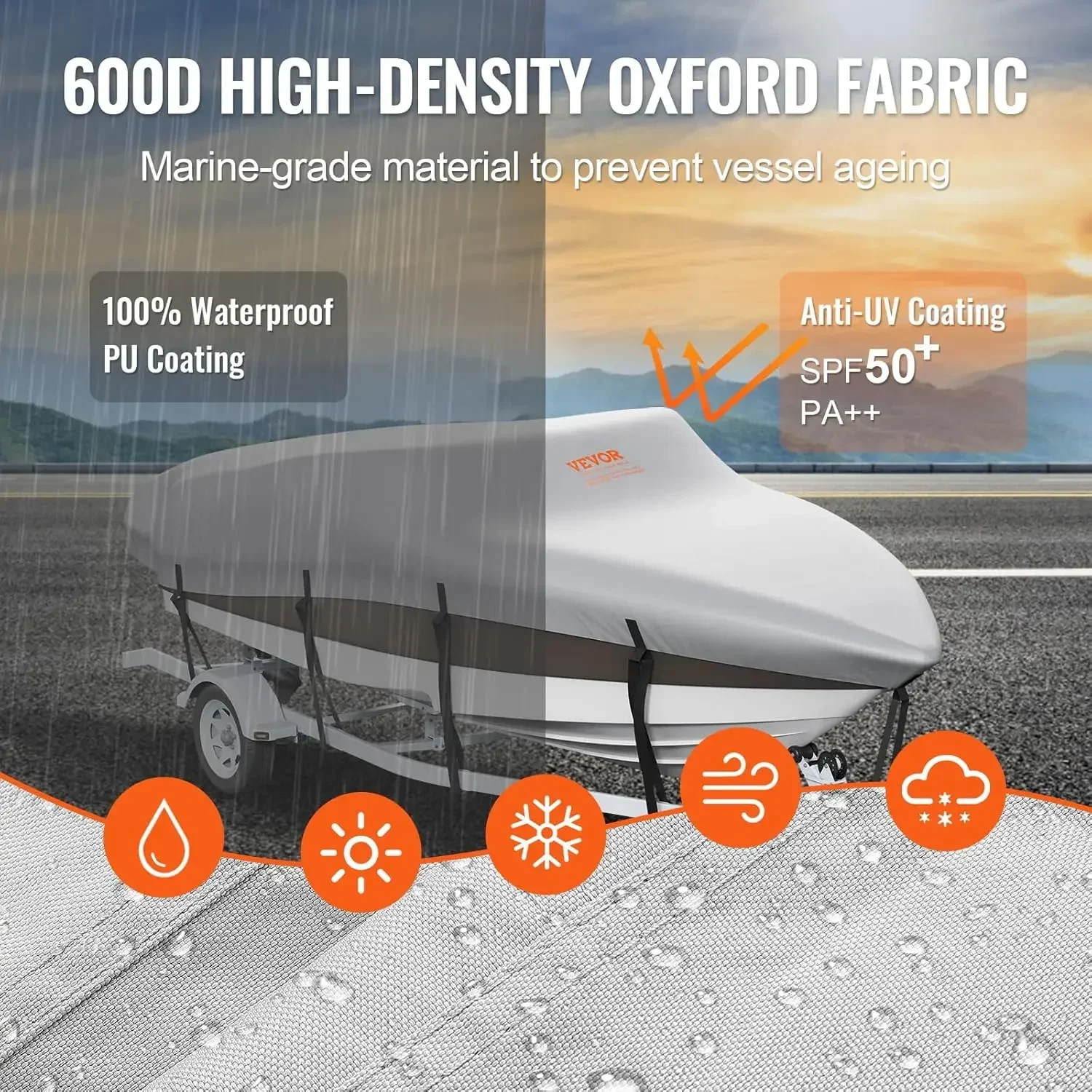 غطاء قارب 23-24 قدم غطاء قارب مقاوم للماء قابل للمقطورة، 600D من الدرجة البحرية PU أكسفورد، مع غطاء محرك وأشرطة بإبزيم #3