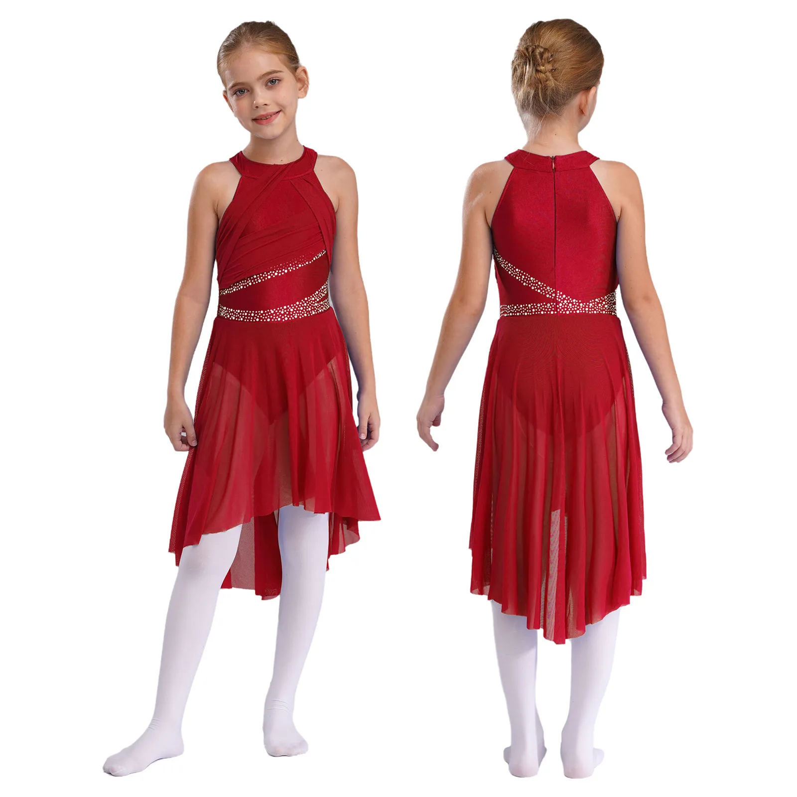 

Kids Girl Glittery Lyrical Latin Dance Dress Sleeveless Rhinestone Ruched Leotard Modern Dance Skating Dance Performance Costume