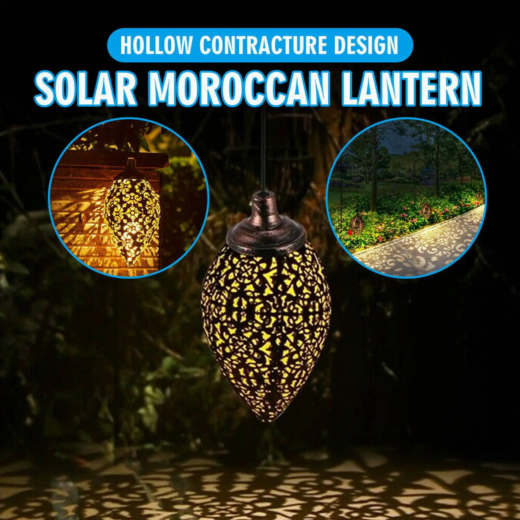 Solar Powered LED Moroccan Hanging Lantern Retro Moroccan Pattern Projection Lamp Outdoor Garden Decor Fairy Light Kit