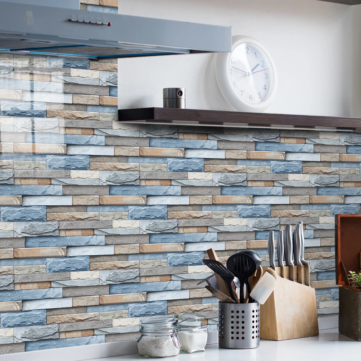 24PCS blue, brown simulation brick marble pattern 3D effect crystal kitchen stickers waterproof and oil-proof kitchen wall stick