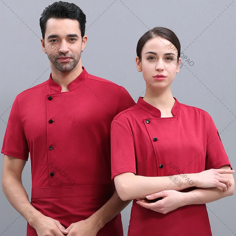 Jaqueta de Cozinha Masculina Ocidental Restaurante Cor Sólida, Uniforme de Cozinheiro Feminino, Verão, Respirável 360 °, Preto e Branco, Chef Outfit, Hotel