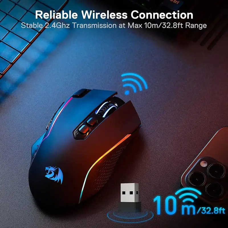 Imagem -05 - Pro Wireless Gaming Mouse 10000 Dpi Wired Gamer Mouse com Chave de Fogo Rápido Botões Macro Preto e Branco Redragon-m810