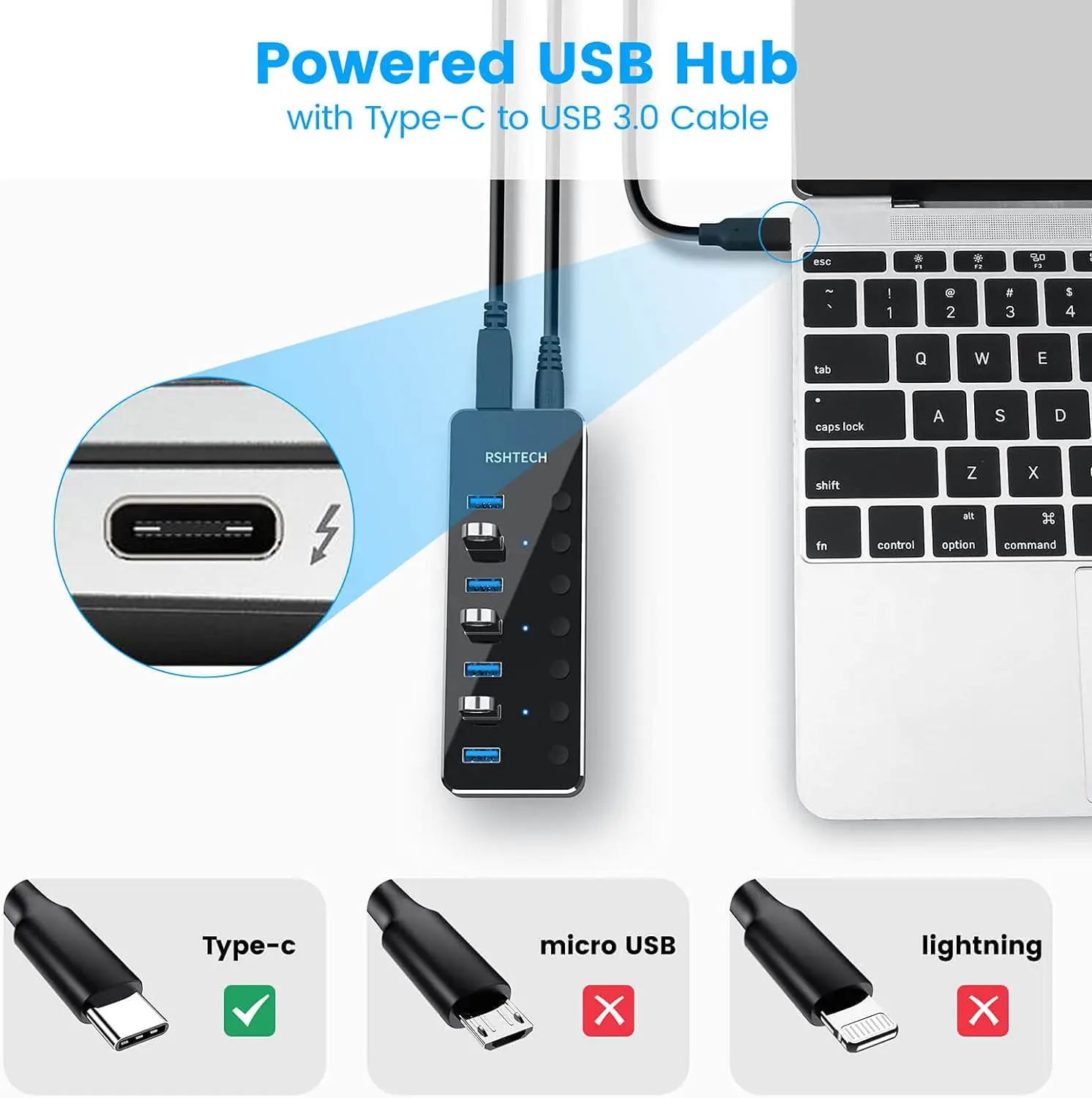 RSHTECH USB3.0 Hub Aluminum Industrial 7-Port Splitter Split Switch with 5V 2A Power Adapter for Macbook Mobile Phone Tablets