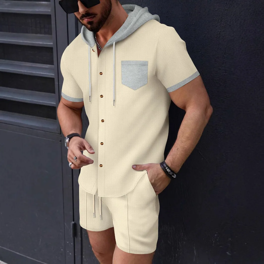 New men's hooded two-piece short-sleeved cardigan set, high-end waffle checkered casual jacket and shorts street sportswear set