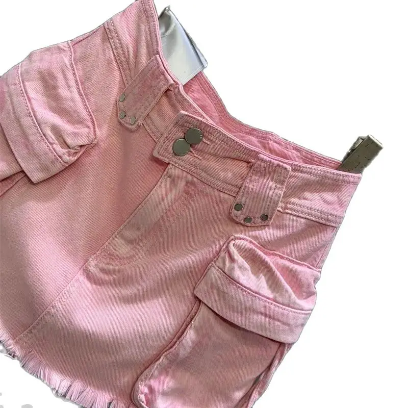 Saia jeans rosa com bolsos grandes, design de botões, cintura alta, ajuste fino, A-Line, retro, versátil, novo estilo, verão, Y2K, 2024