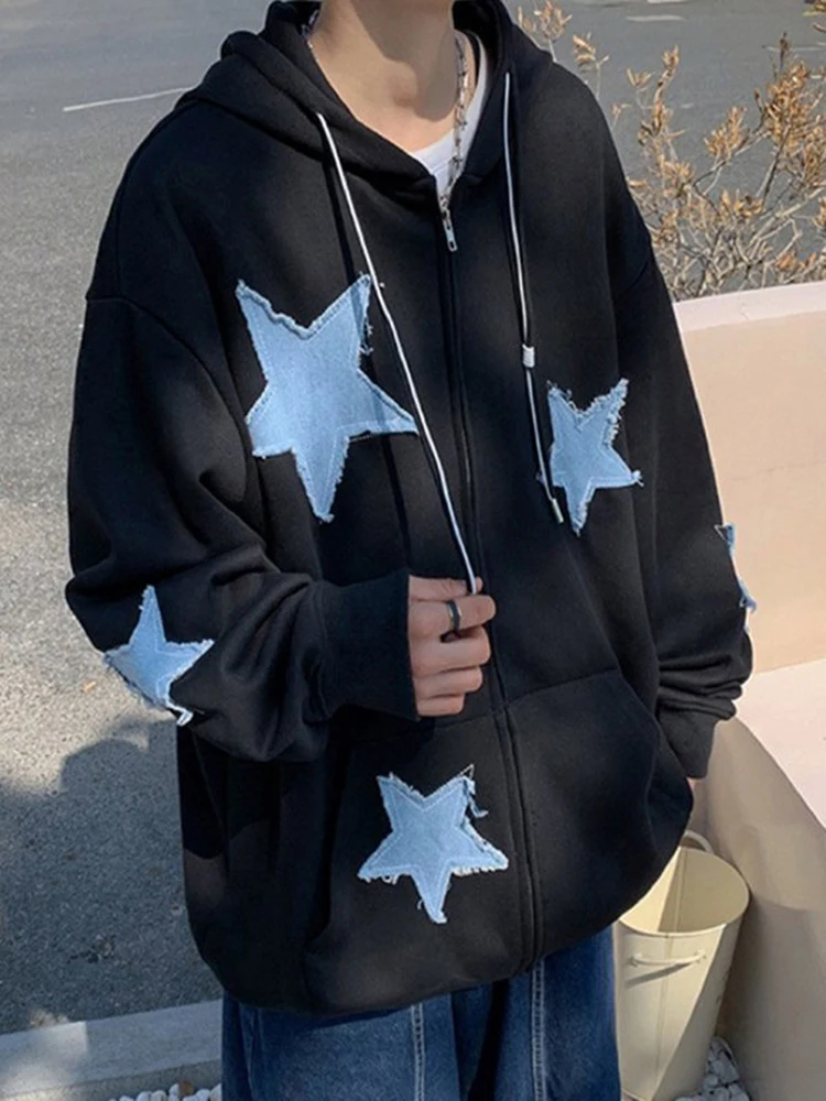 emo Women\'s Star Patch Zip Up Hoodie for women Oversized Y2k Sweatshirt Jacket Pullover Streetwear winter clothes Promotion coat