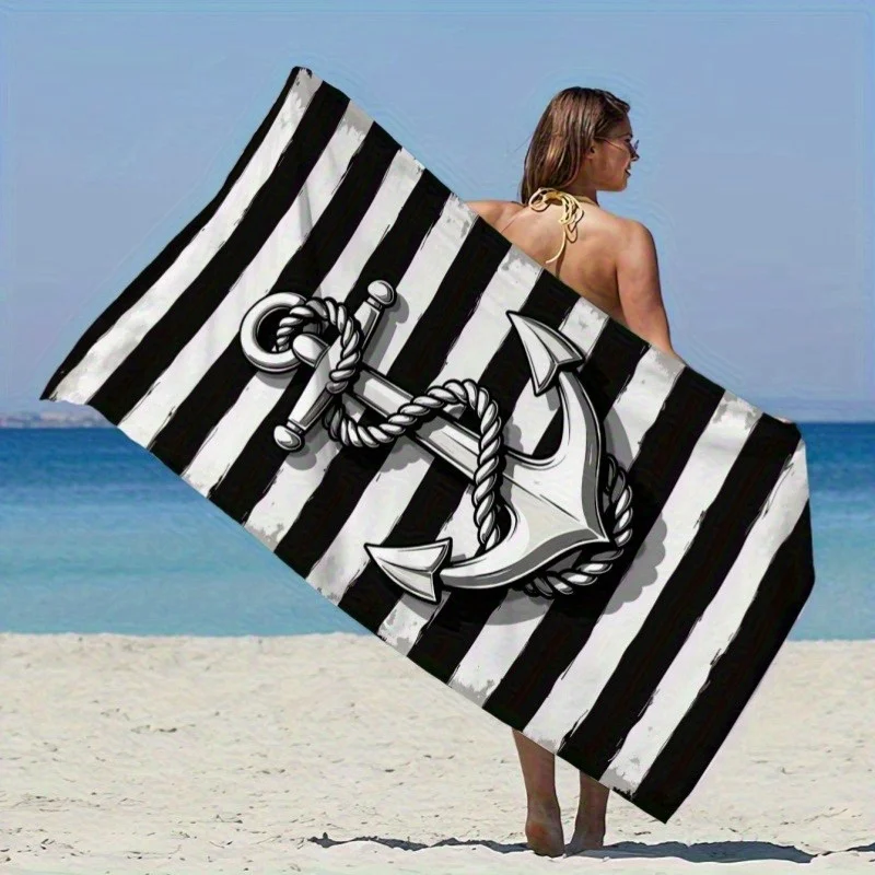 Nautical Anchor & Rope Design Beach Towel - Large, Quick-Dry Polyester, Lightweight & Comfortable, Ideal for Surfing