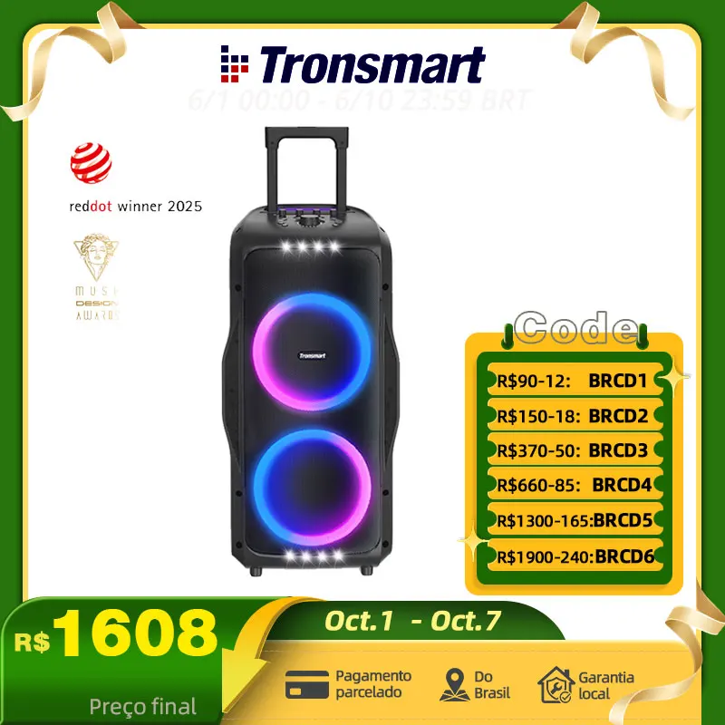 Tronsmart Caixa de Som Bluetooth Halo 300 para Festas, 240W com Entrada para Guitarra/Microfone/XLR, TWS, 20 Horas de Reprodução, Rodas e Alavanca