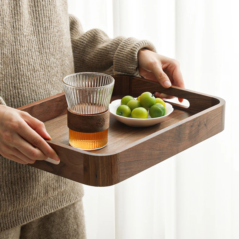 Carrying Handle Walnut Tray Rectangular Wooden Tea Tray Light Luxury High-grade Coffee Plate Solid Wood Cake Snack Tray