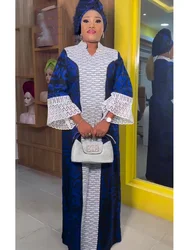 Elegant African Dresses for Women Muslim Lace Boubou Dashiki Traditional Africa Clothes Ankara Outfit Evening Gown with headtie
