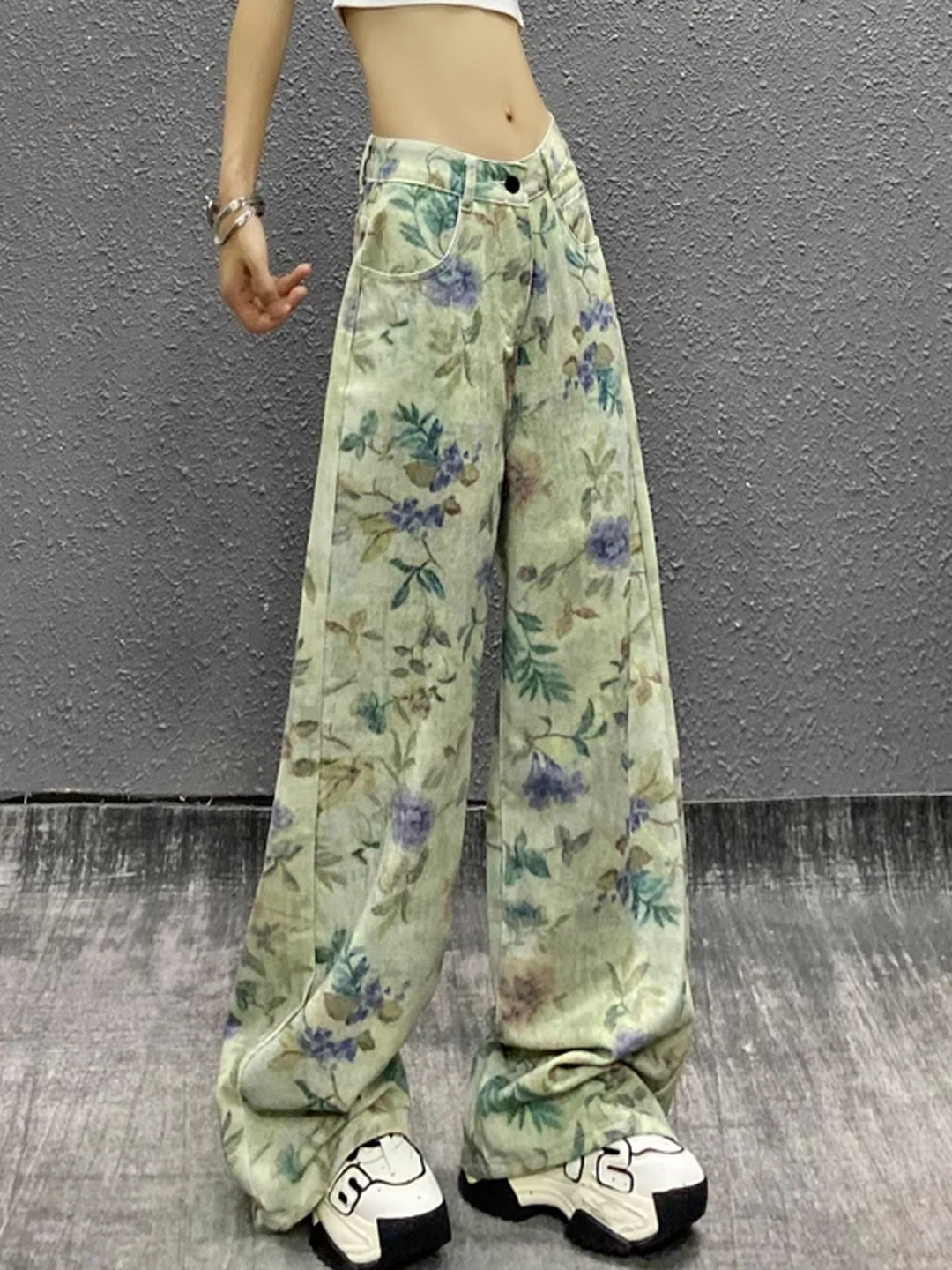 

Повседневные свободные утягивающие прямые джинсы с цветочным принтом и высокой талией, женские летние новые универсальные широкие брюки