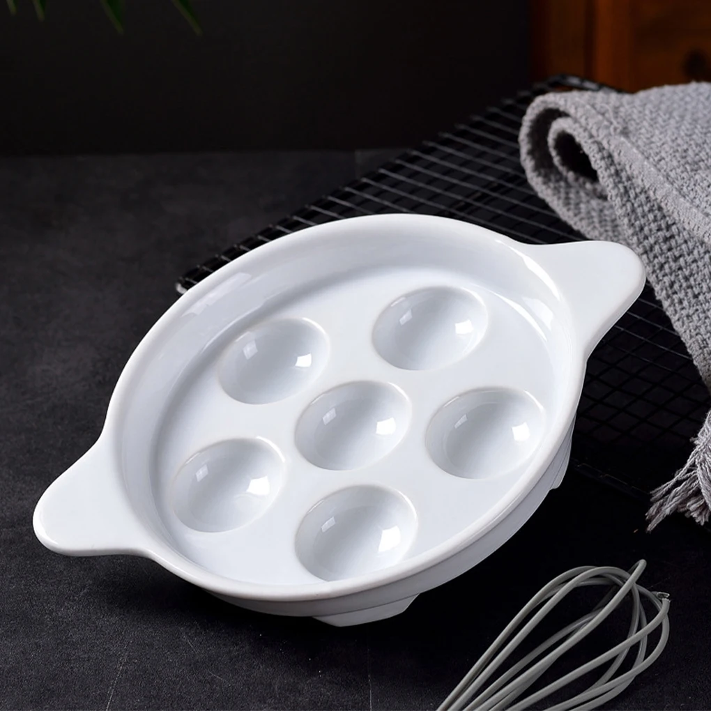 White Easy To Clean Seafood Snail Dish Ceramic Escargot Plates With 6 Holes And Handles