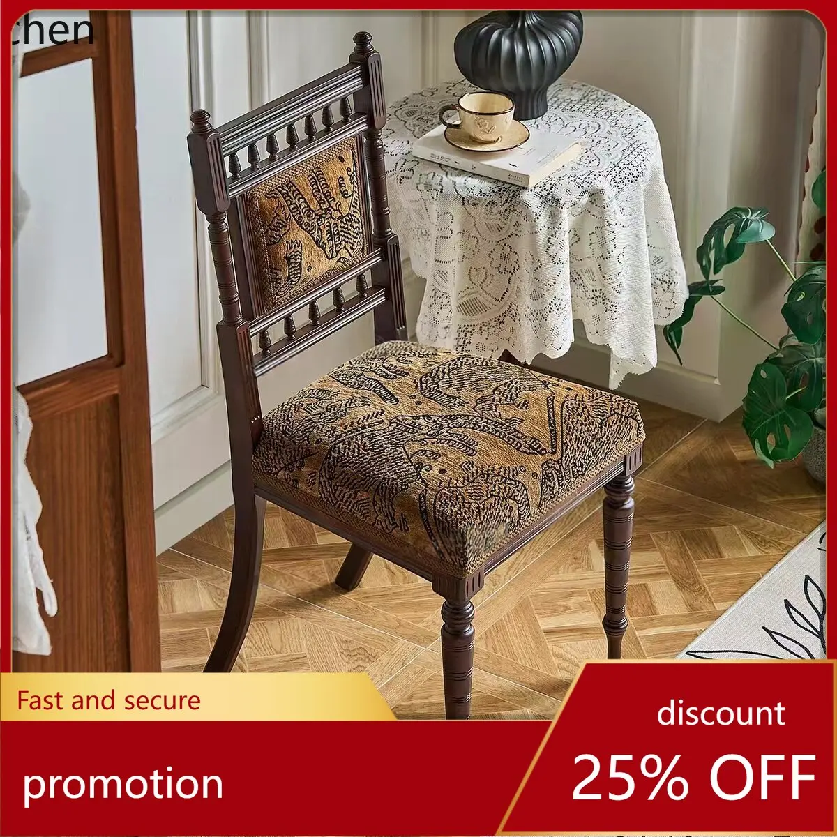 

CZ Medieval Style Solid Wood Dining Chair with Fabric Cushion, Vintage Carved Upholstered Backrest Chair for Study and Home Use