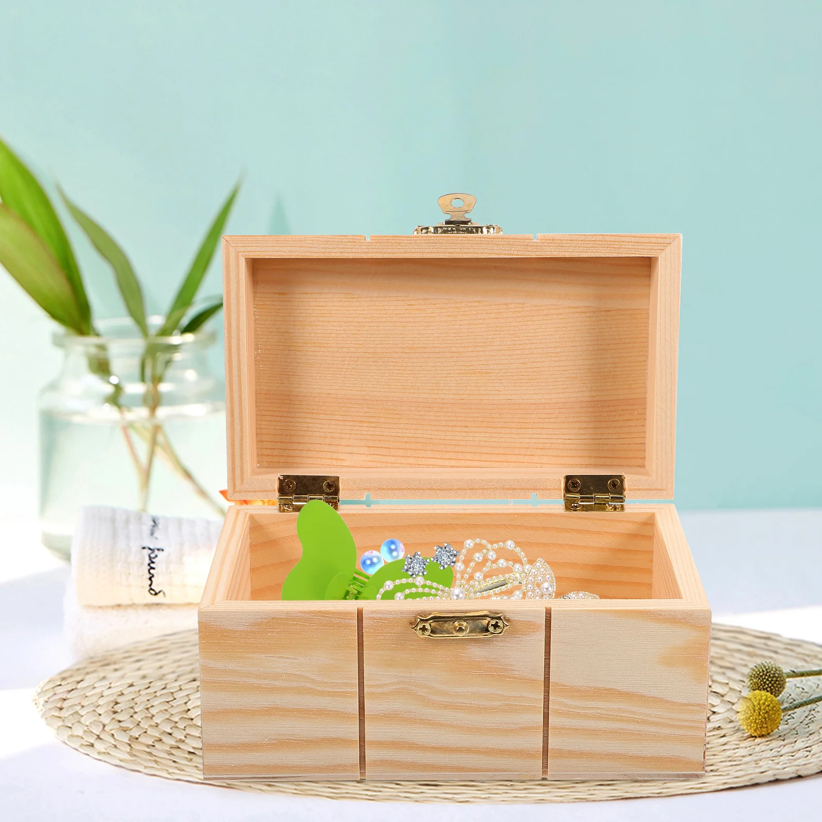 

Wooden Jewelry Storage Box Vintage Rectangular Lid Craft Keepsake Organizer Case for Rings Earrings Necklaces Bracelets Home