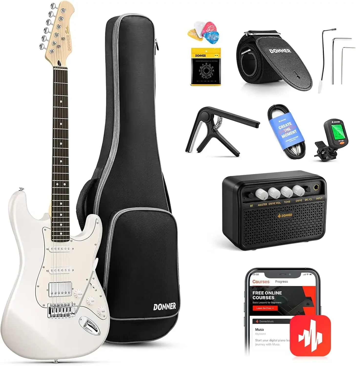 Electric Guitar Starter Kit HSS Pickup Coil Split, with Amp, Bag, Accessories, Polar White