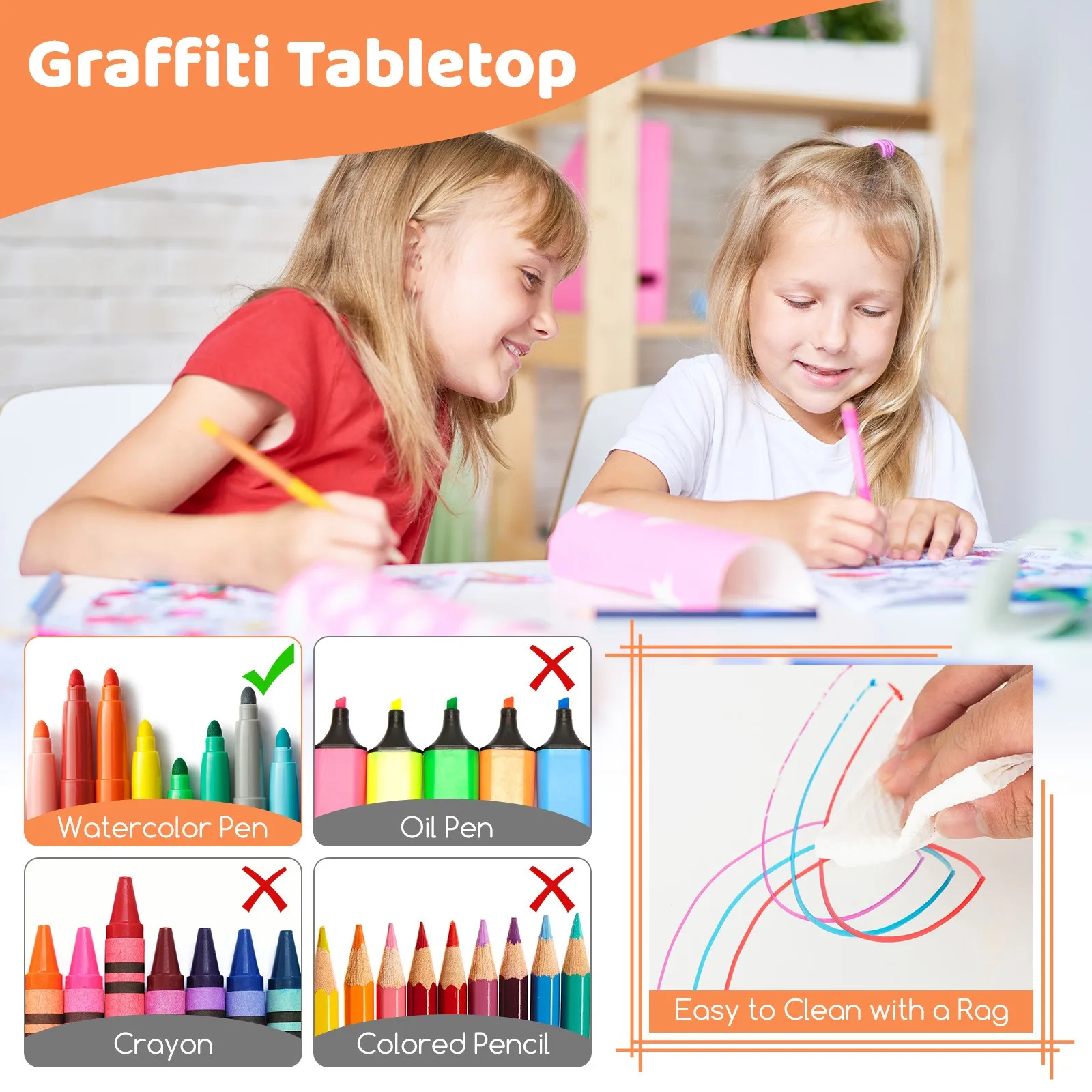 Kids Height Adjustable Table and 4 Chairs Set with Graffiti Desktop Natural