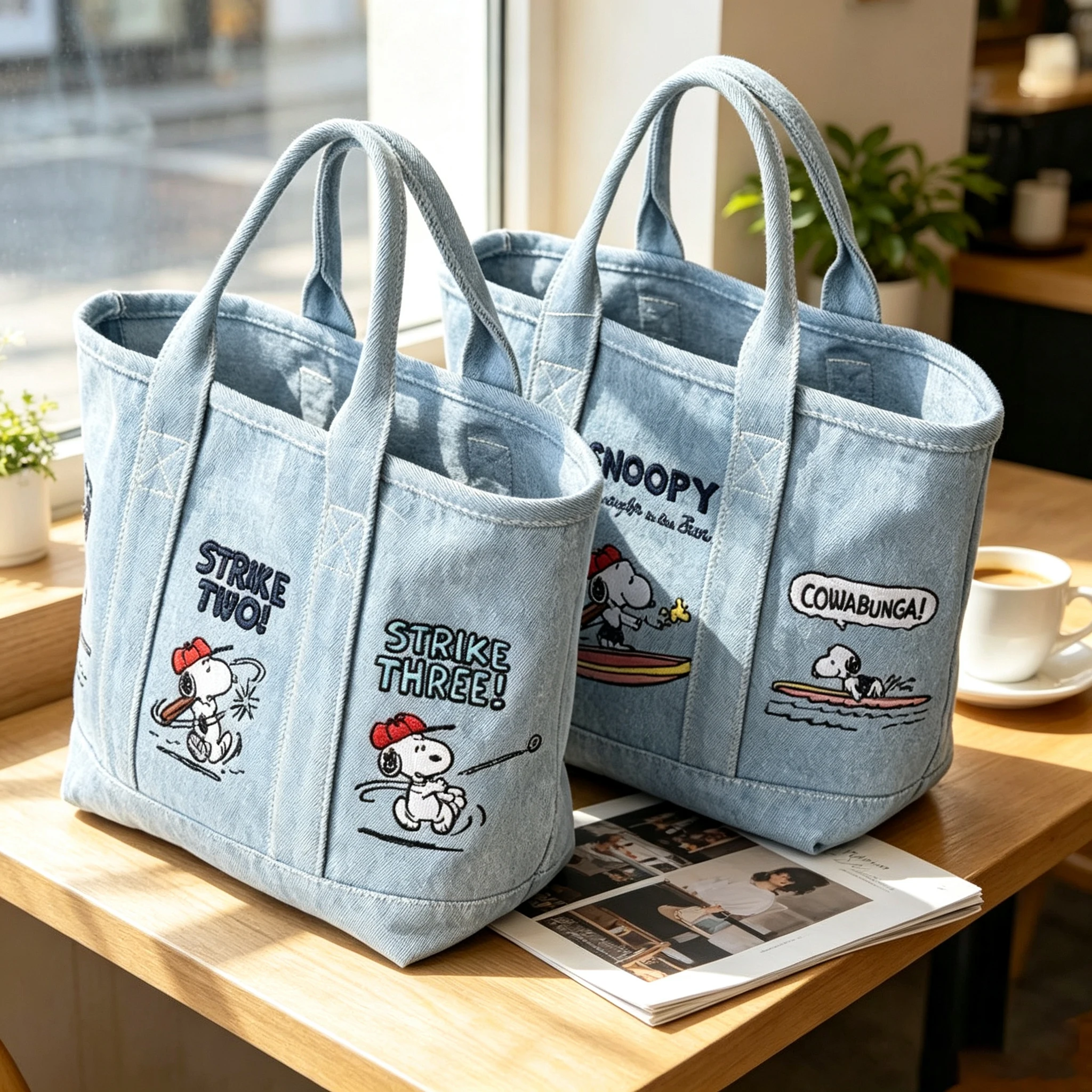 Embroidered Handbag Vintage Denim Cartoon Baseball Surfing Print Large Capacity Student Handbag Daily Shopping Shoulder Bag