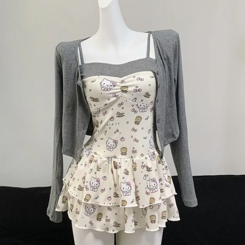 Summer New Sweet Hello Kitty Floral Slim Fit 2pcs Skirt Set for Women Waist-Cinching Elegant Style Strap Dress & Cardigan Tops