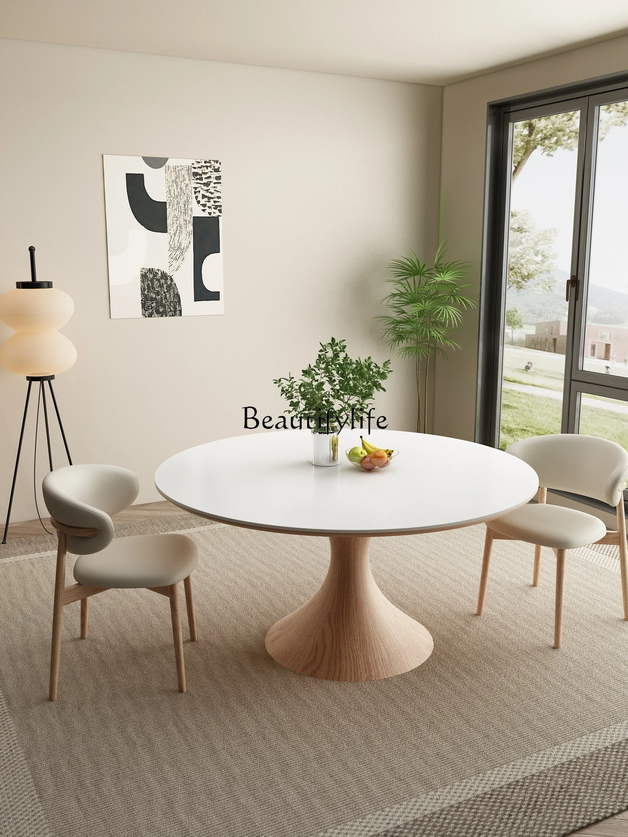 02ld14Solid wood rock slab round dining table Nordic French with turntable household round table full support baseplate