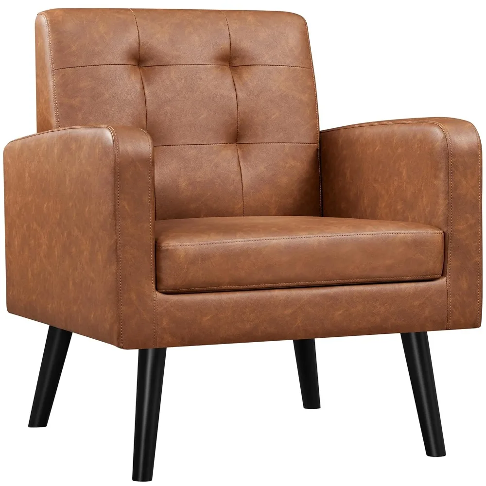 Mid-Century Accent Chairs, PU Leather Modern Upholstered Living Room Chair, Cozy Armchair Button Tufted Back and Wood Legs