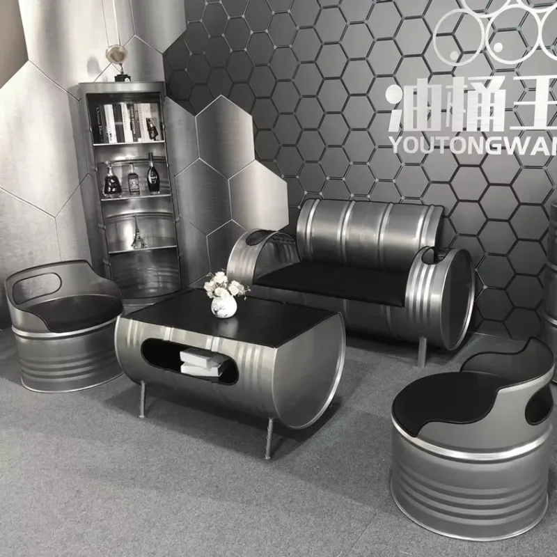 Industrial style creative oil drum booth office reception area bar clothing store wrought iron sofa table chair coffee table