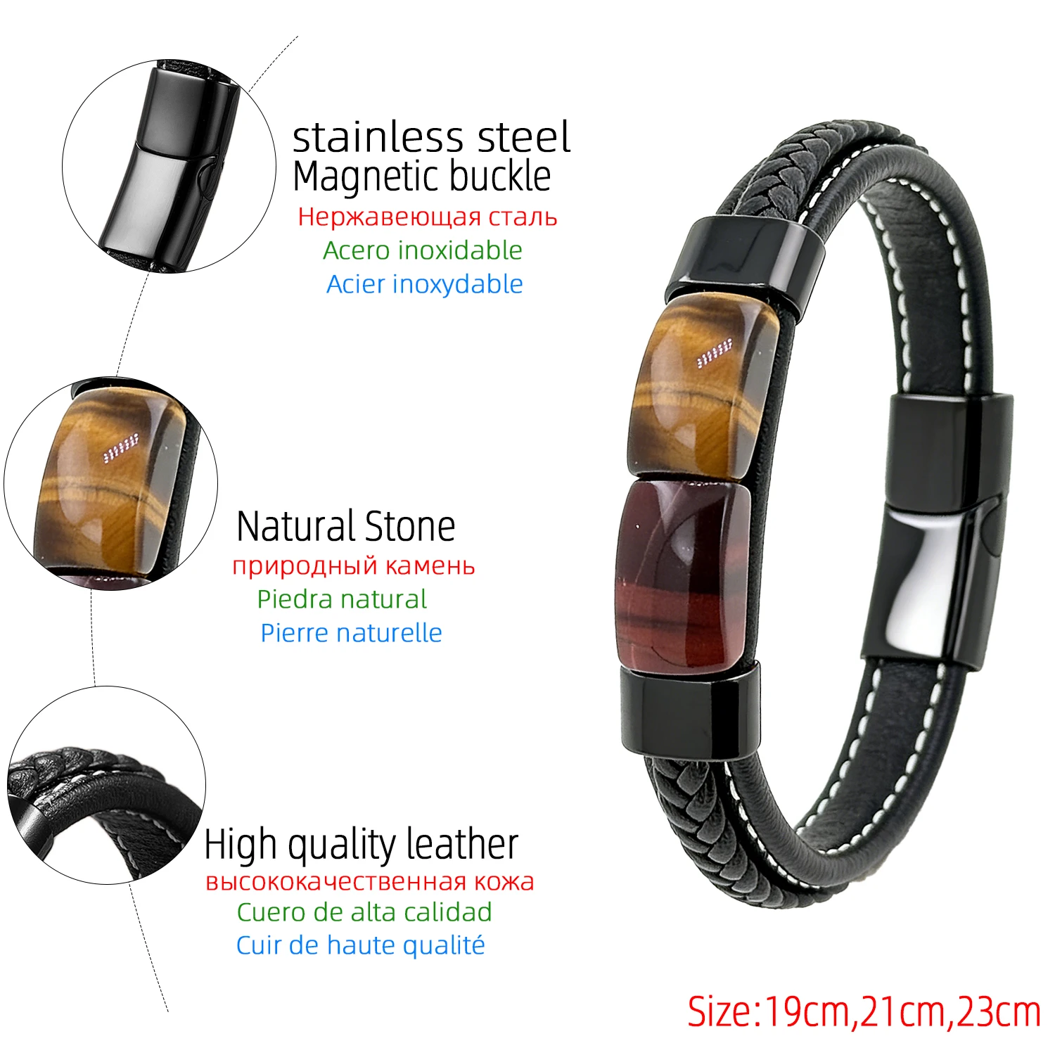 Natürliches Armband aus Tigeraugenstein und gewebtem Leder für Damen und Herren, schwarzes Metall, 2026, trendiger Modeschmuck, luxuriös – Detail 9