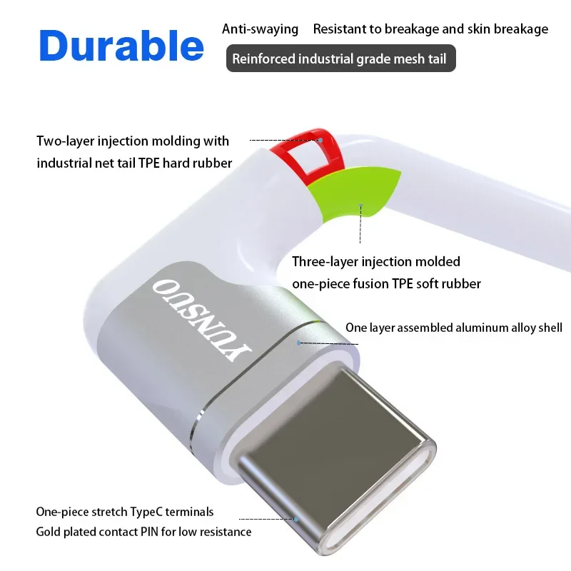 Double Angled Type-C To Type-C Elbow PD 3A 45W 60W Notebook Fast Charging Data Cable 10cm 25cm 50cm 1m 1.5m 2m 3m 4m 5m