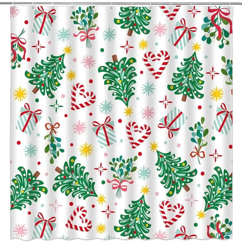 White Cartoon Christmas Tree Candy Cane Gift Box Shower Curtain No Drilling with 12 Hooks Holiday Bathroom Decor