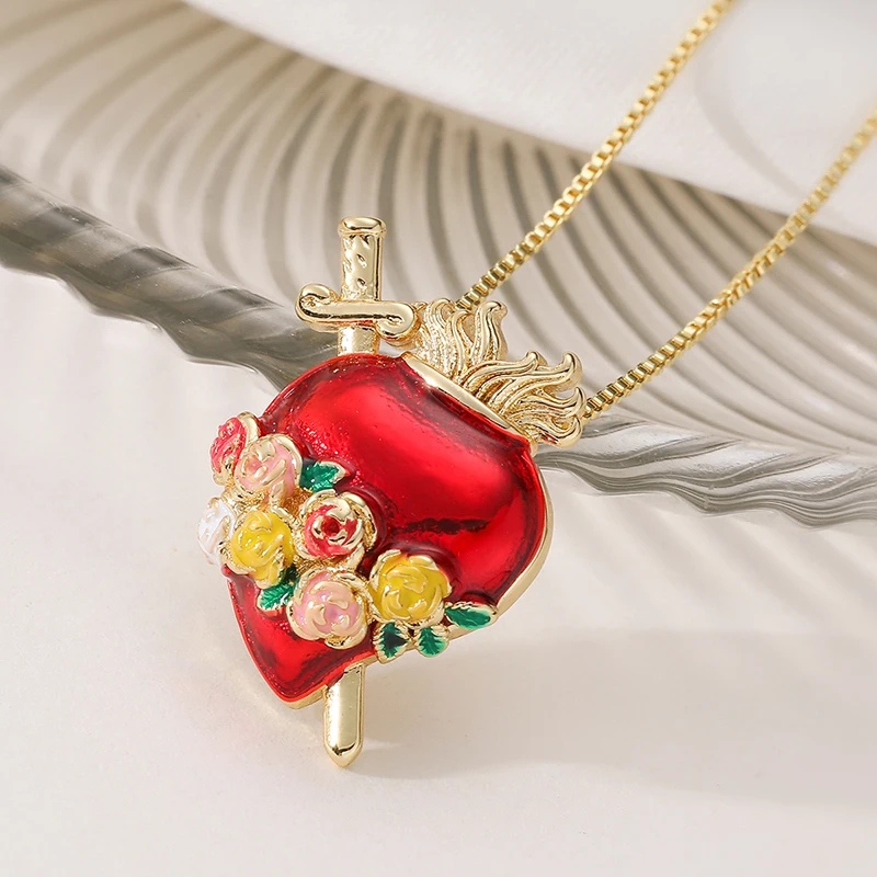 GANPUP Stilvolle Kreative Rote Herz-Anhänger Halskette für Damen, Modische 18K Gold PVD-beschichtete Schlüsselbeinkette, Choker Schmuck Geschenk – Detail 7