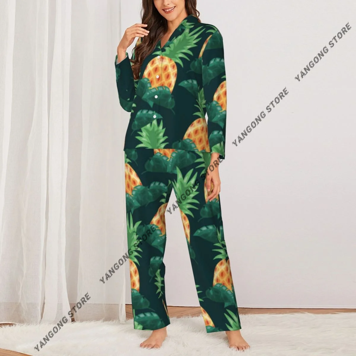 Women's Pajamas Long-sleeved Girl Loungewear Two-piece Set Pineapple Tropical Leaves Pajamas for Autumn Spring