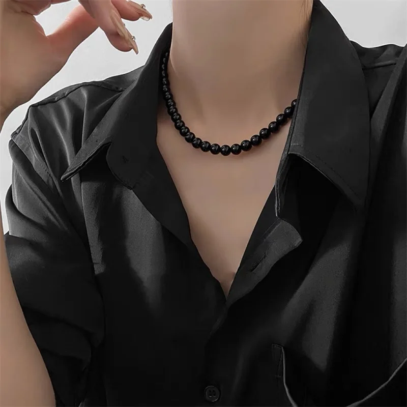 French Vintage Black Pearl Choker Simple Acrylic Beaded Chain Necklace For Women Jewelry Accessories Women\'s Gift