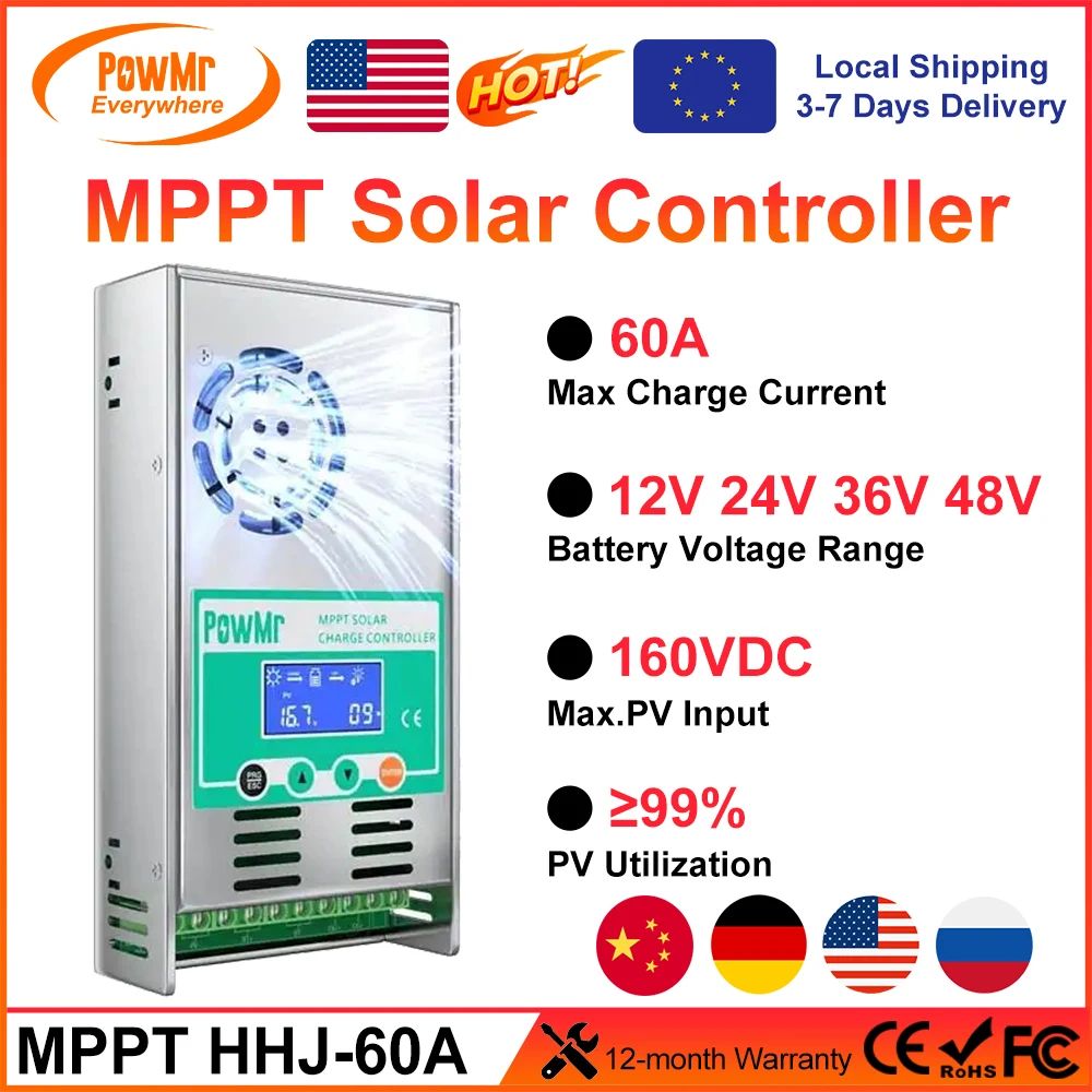 PowMr MPPT 60A Solar Charge Controller Discharge Backlight 12V 24V 36V 48V Auto for Vented Sealed Gel Nicd Li Solar Cells Panel