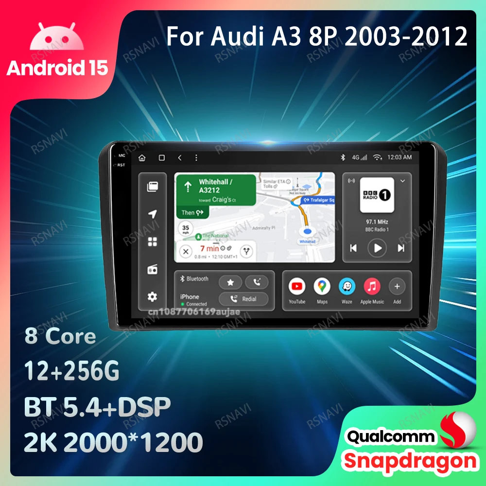 Car Radio Android 15 For Audi A3 8P 2003-2012 Qualcomm Stereo QLED Viedo Player DVD Wireless Carplay Auto GPS Navigation 5G WIFI
