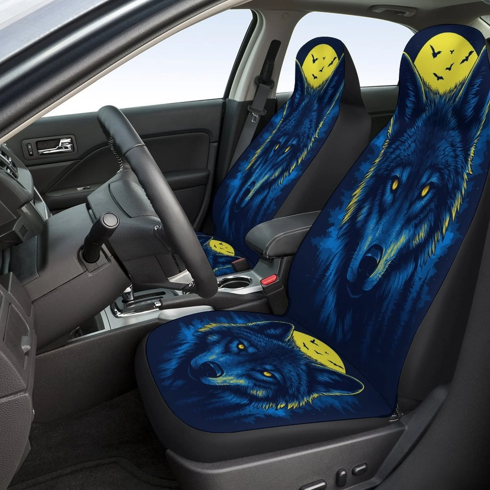 Car Seat Cover Set Featuring A Wolf Moon Night Design, Suitable For Various Vehicles. Stylish And Durable, These High-Quality Co