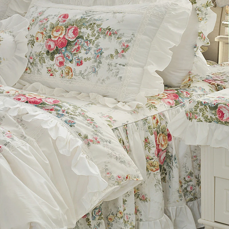 Princess Flowers Printing Lace Ruffles Duvet Cover Bed Skirt Pillowcases 100% Cotton White Bedding Set Home Textile