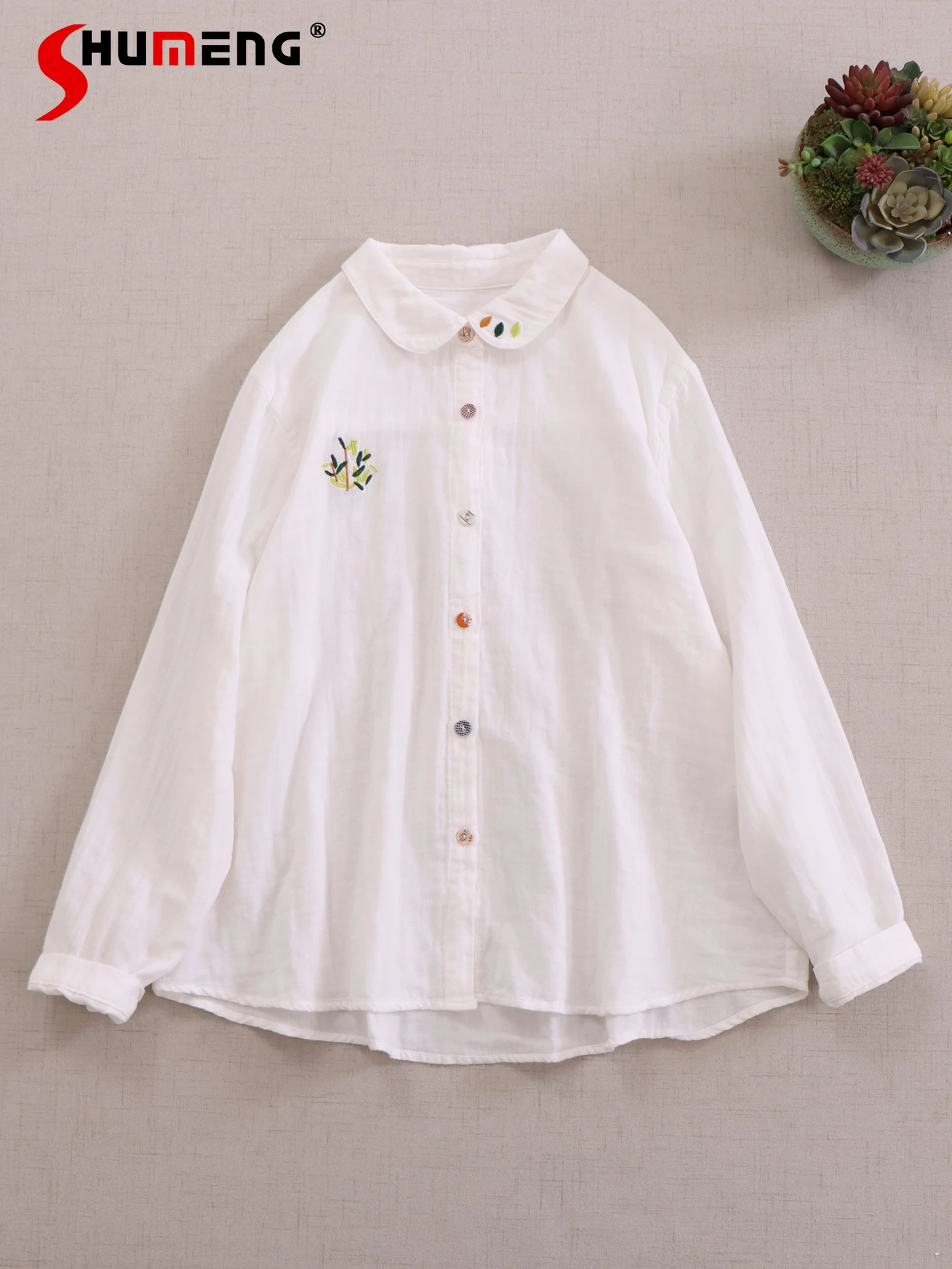 

Japanese Sweet Mori Girl Style Doll Collar Long Sleeve Single Breasted Embroidery Loose Casual Versatile White Shirts Tops Women