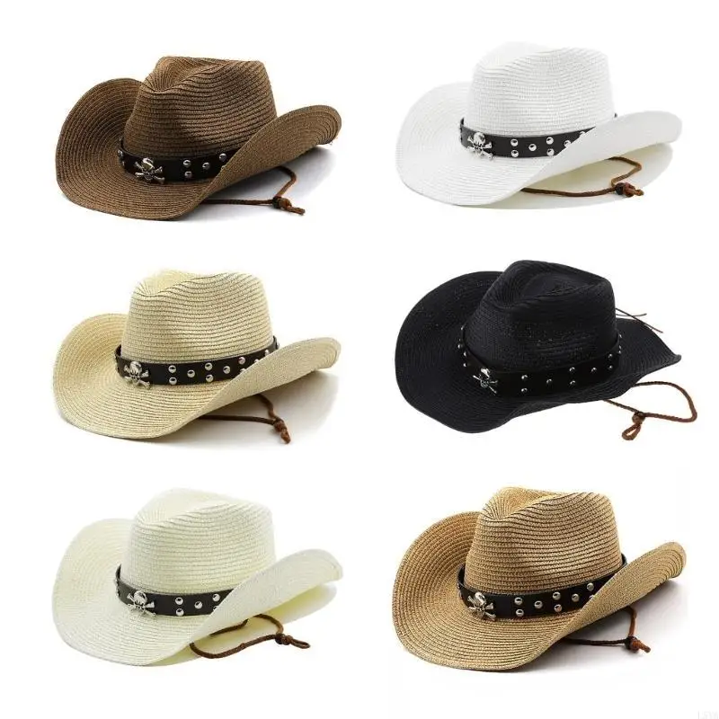 

L5YA Unisex Cowboy Hat Metal Skull Decors Hat Straw Weaving Cowboy Hat for Sunproof