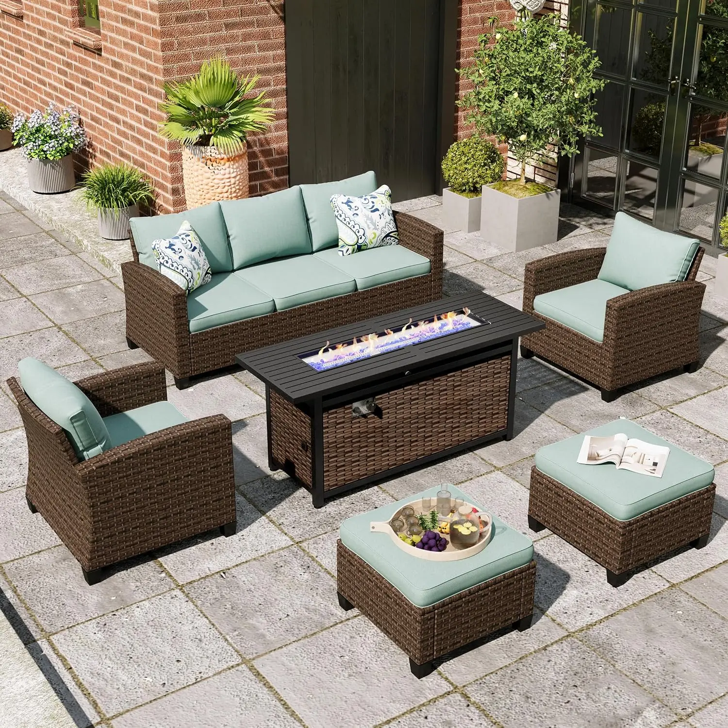 

6 Pcs Wicker Patio Conversation Set 3 Seater Sofa 2 Chairs 2 Ottomans 4" Cushions 56" Firepit Table Outdoor, Customized