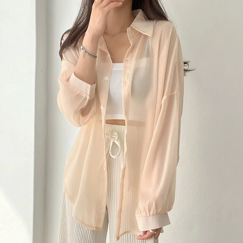 Chique verão casual doce cor lapela único botão solto manga longa proteção solar antung blusa topo moda fena