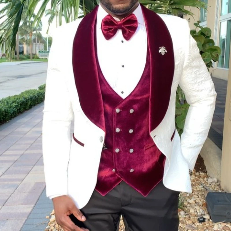 

White Pattern Men Suits Slim Fit Wedding Groom Tuxedos African Fashion Prom Blazer 3 Pieces Jacket Burgundy Velvet Vest Pants