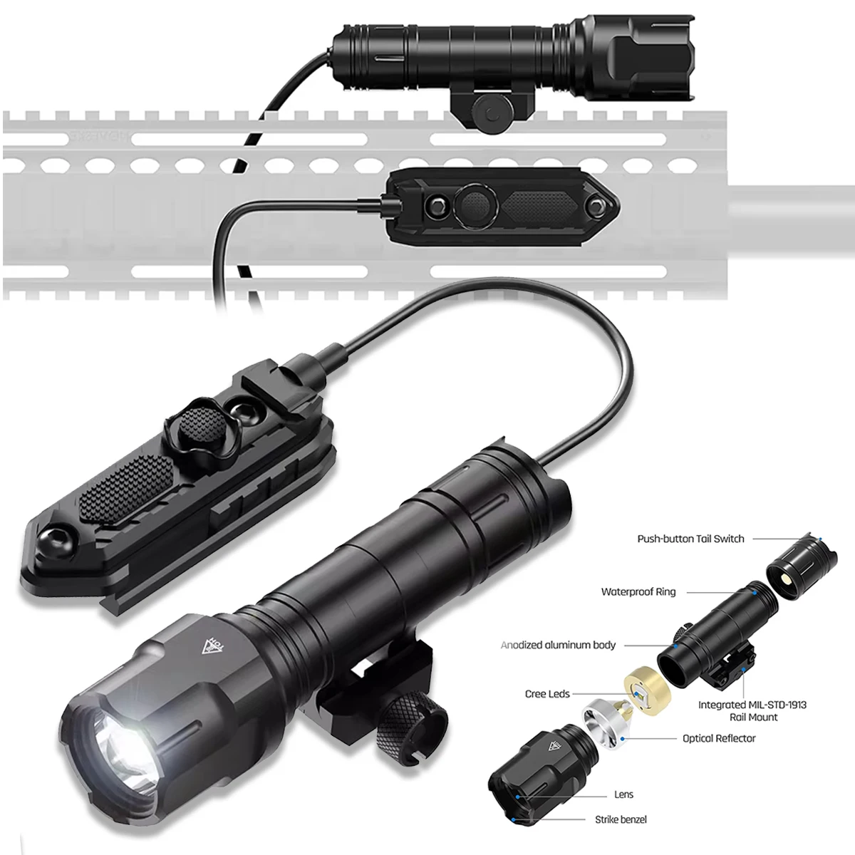 

1200 Lumen Tactical Flashlight Aluminum LED Weapon Light with Mlok Remote Pressure Switch for Picatinny Rail Airsoft accessories