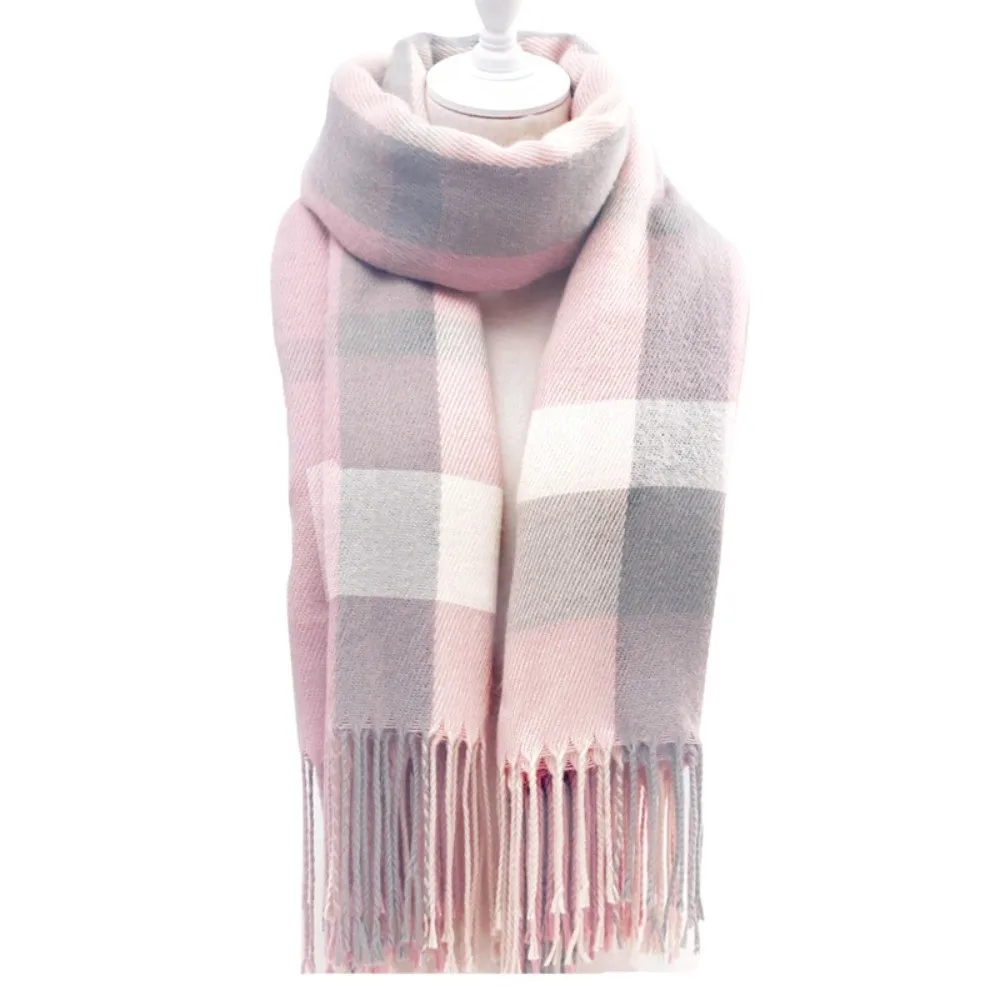 Soft Classic Plaid Scarf Cold-proof Contrast Color Knitted Wool Scarf Acrylic Fibers Polyester Long Neckscarf with Tassel Women