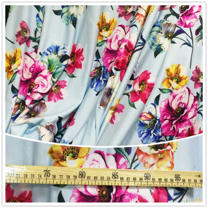 New Flower Type Light Blue Bottom Big Flower Milk Silk Printed Fabric Dress Long Skirt Cheongsam DIY Fabric