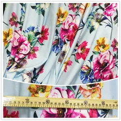 New Flower Type Light Blue Bottom Big Flower Milk Silk Printed Fabric Dress Long Skirt Cheongsam DIY Fabric