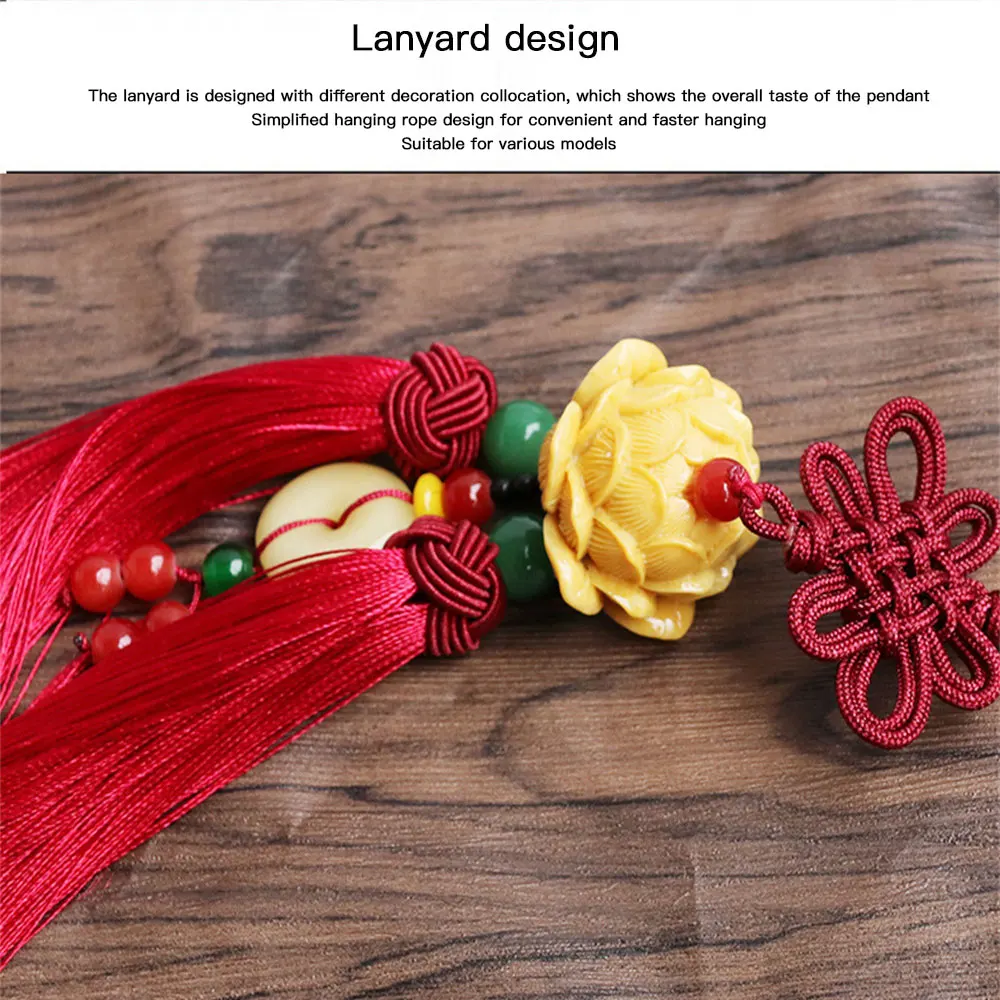 قلادة لوتس بيضاء ذهبية محمولة ، حبل معلق رائع ، زينة عقدة صينية ، إكسسوارات سيارة ، تصميم يبارك السلام