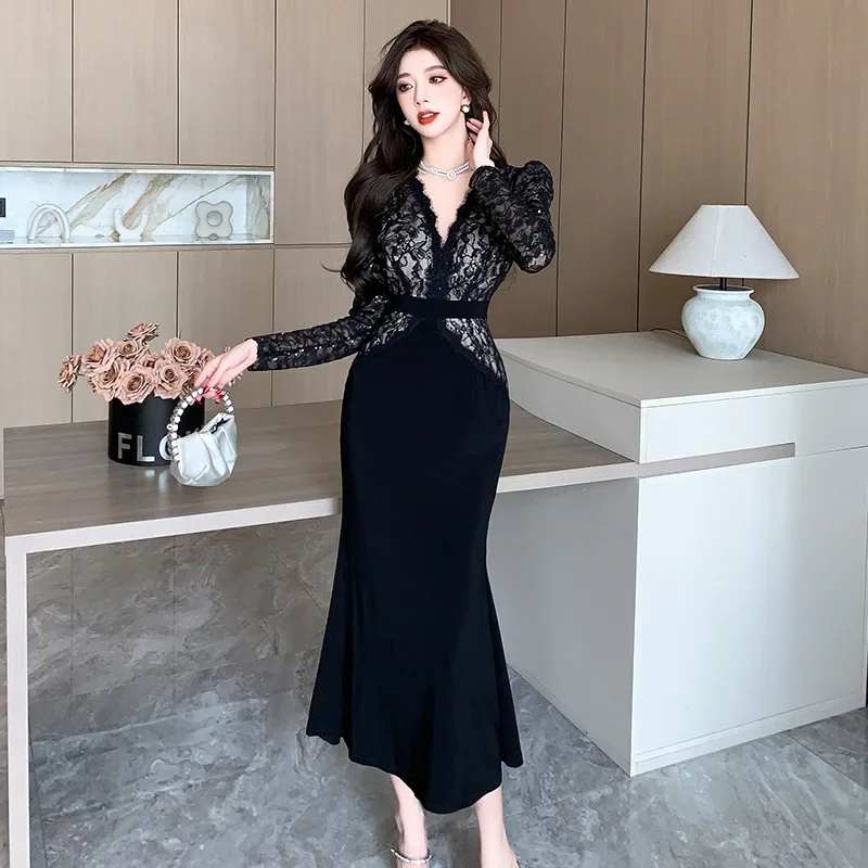 Autumn Elegant Women's Long Dress Spliced Tail Fish Casual Black Dress Classy French Style Womens Clothing Real Time